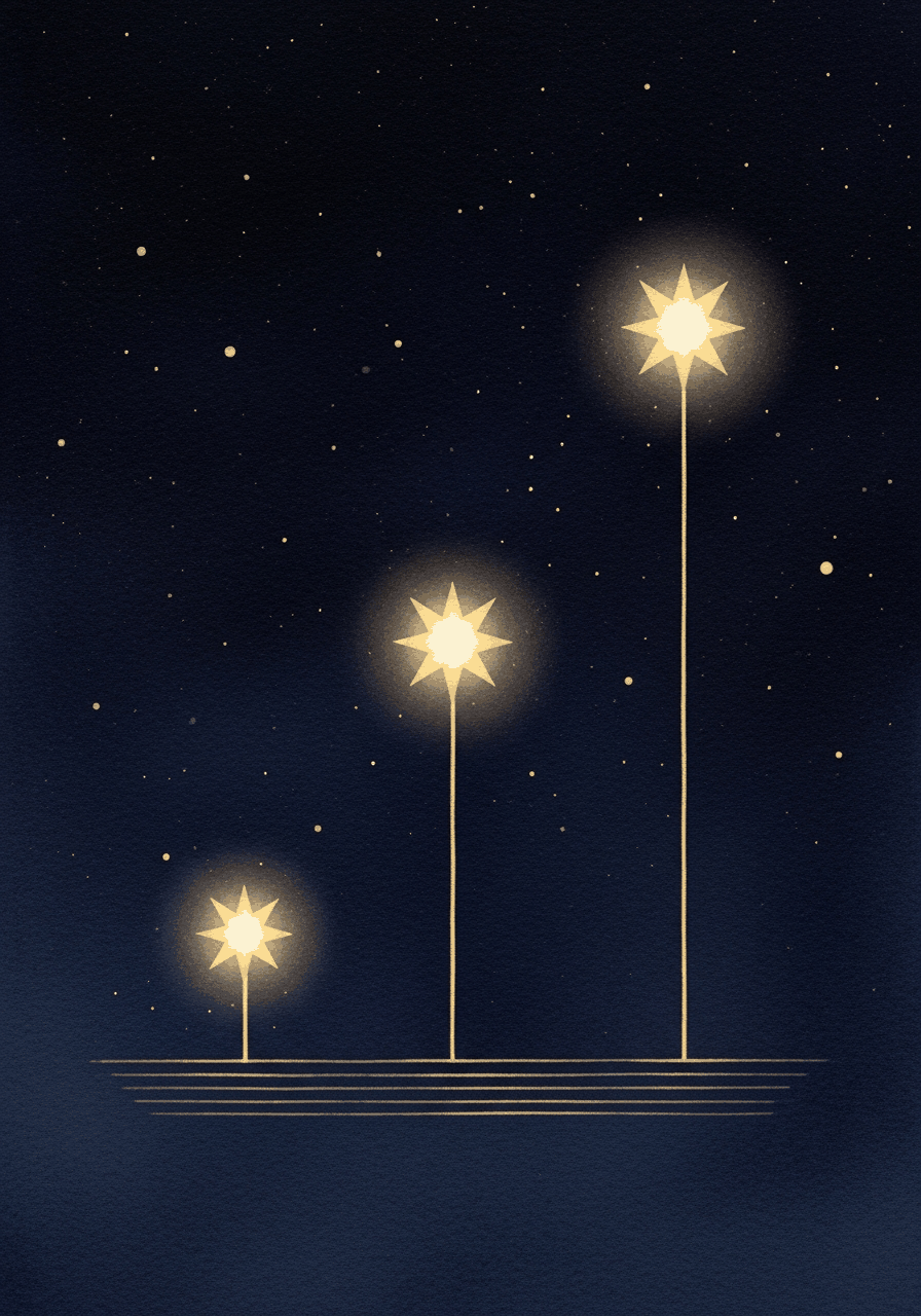 Drei aufsteigende goldene Takte mit Sternen auf nachtblauem Grund, die 3TaktMethode visualisiert