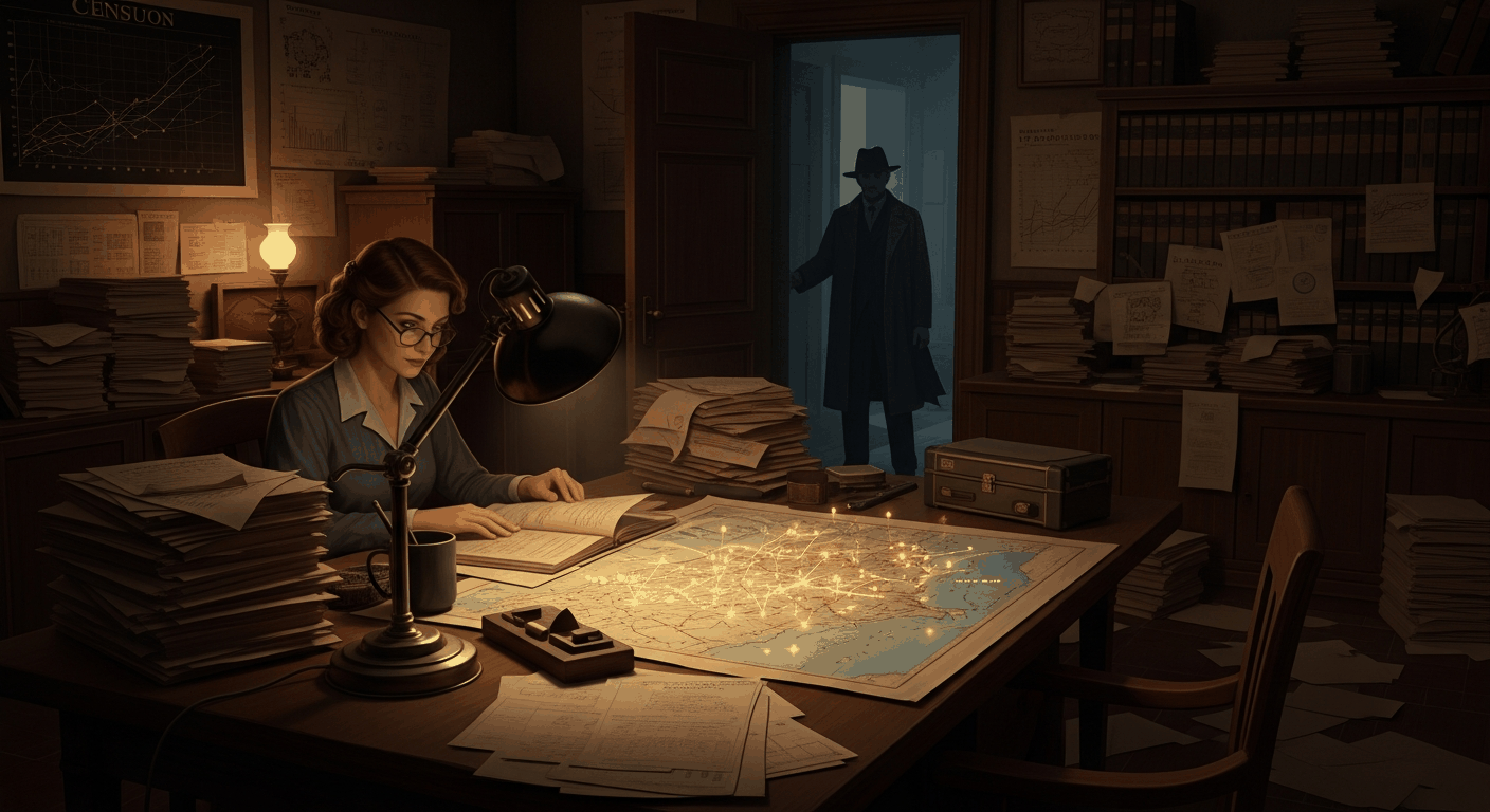 Eine Statistikerin der 1930er Jahre am Schreibtisch, leuchtende Prognose-Codes auf einer US-Karte, Schattenfigur in der Tür, Film-Noir-Stimmung