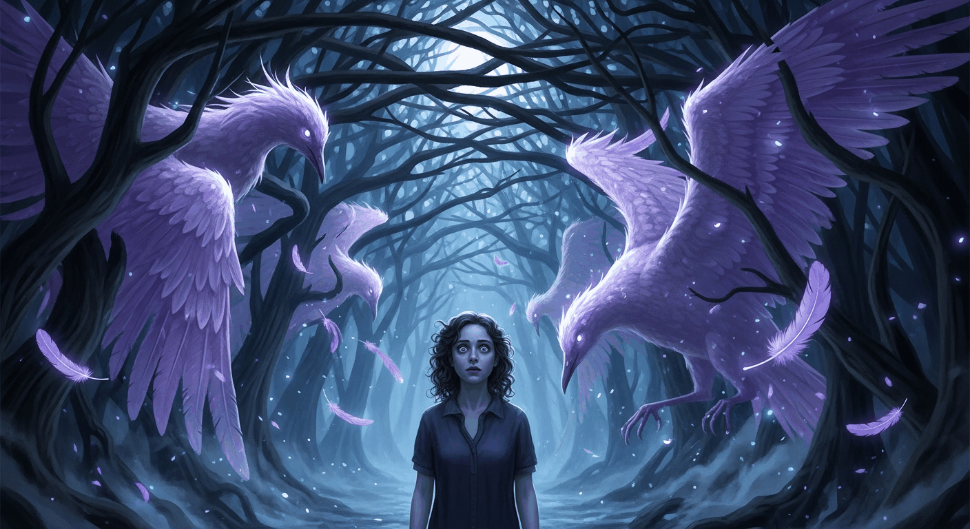 Eine blasse Frau im mondbeschienenen Wald, umgeben von durchscheinenden Vogel-Wesen aus Nebel