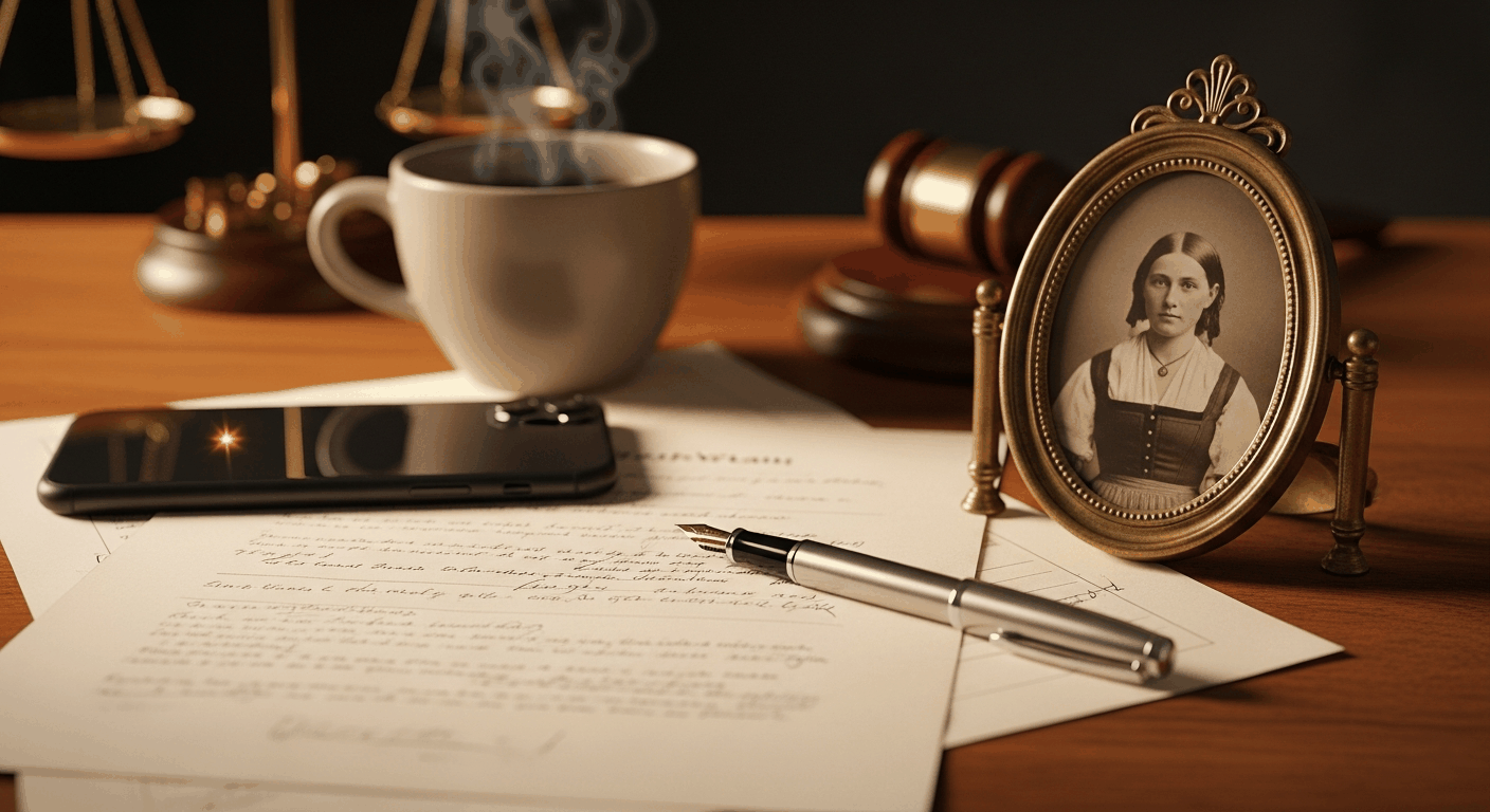 Schreibtisch mit Drehbuchseiten und Füllfeder, sepiafarbenes ovales Porträt einer Frau des 19. Jahrhunderts, Smartphone face-down, dampfende Teetasse, im Hintergrund angedeutet Justitia-Waage und Gerichtshammer