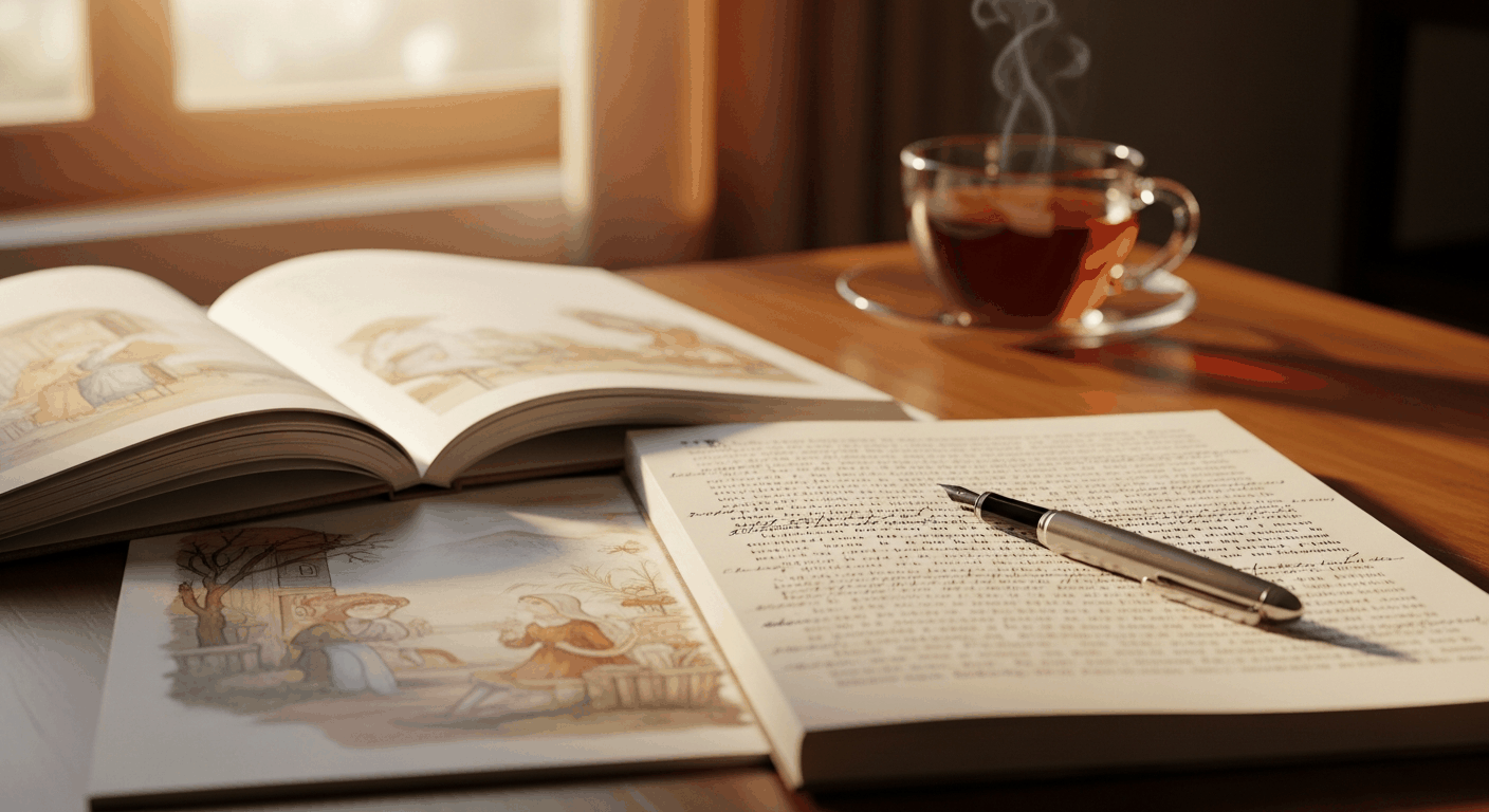 Zwei Manuskripte auf einem warmen Holzschreibtisch, eines aufgeschlagen mit Aquarell-Illustrationen, eines mit handschriftlichen Randnotizen und Füllfederhalter, daneben dampfende Tasse Tee im Nachmittagslicht