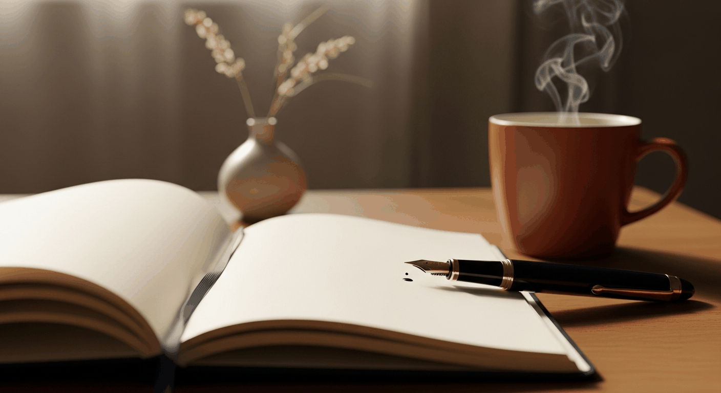 Leere Notizbuch-Seite mit Füllfeder und Teetasse im Morgenlicht