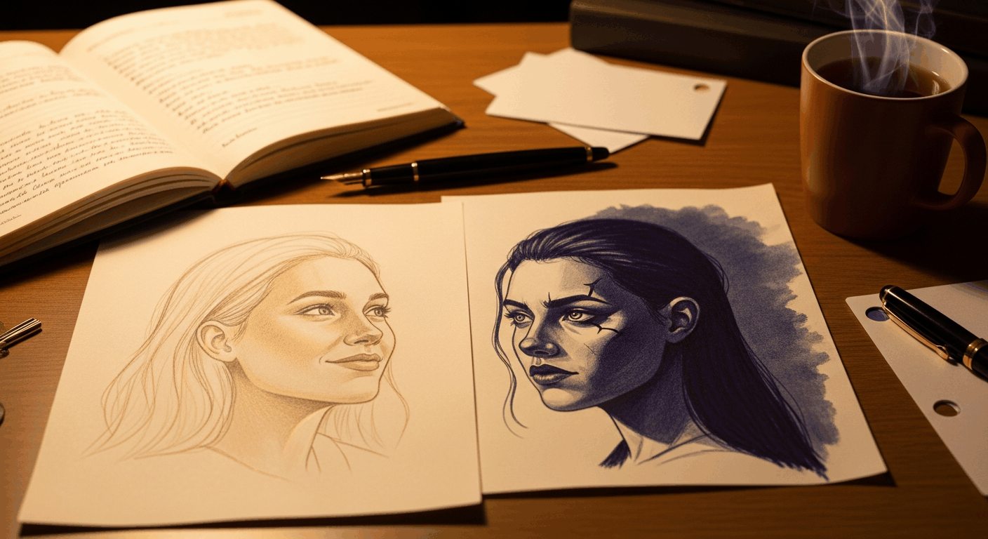 Zwei handgezeichnete Charakter-Skizzen hell und dunkel