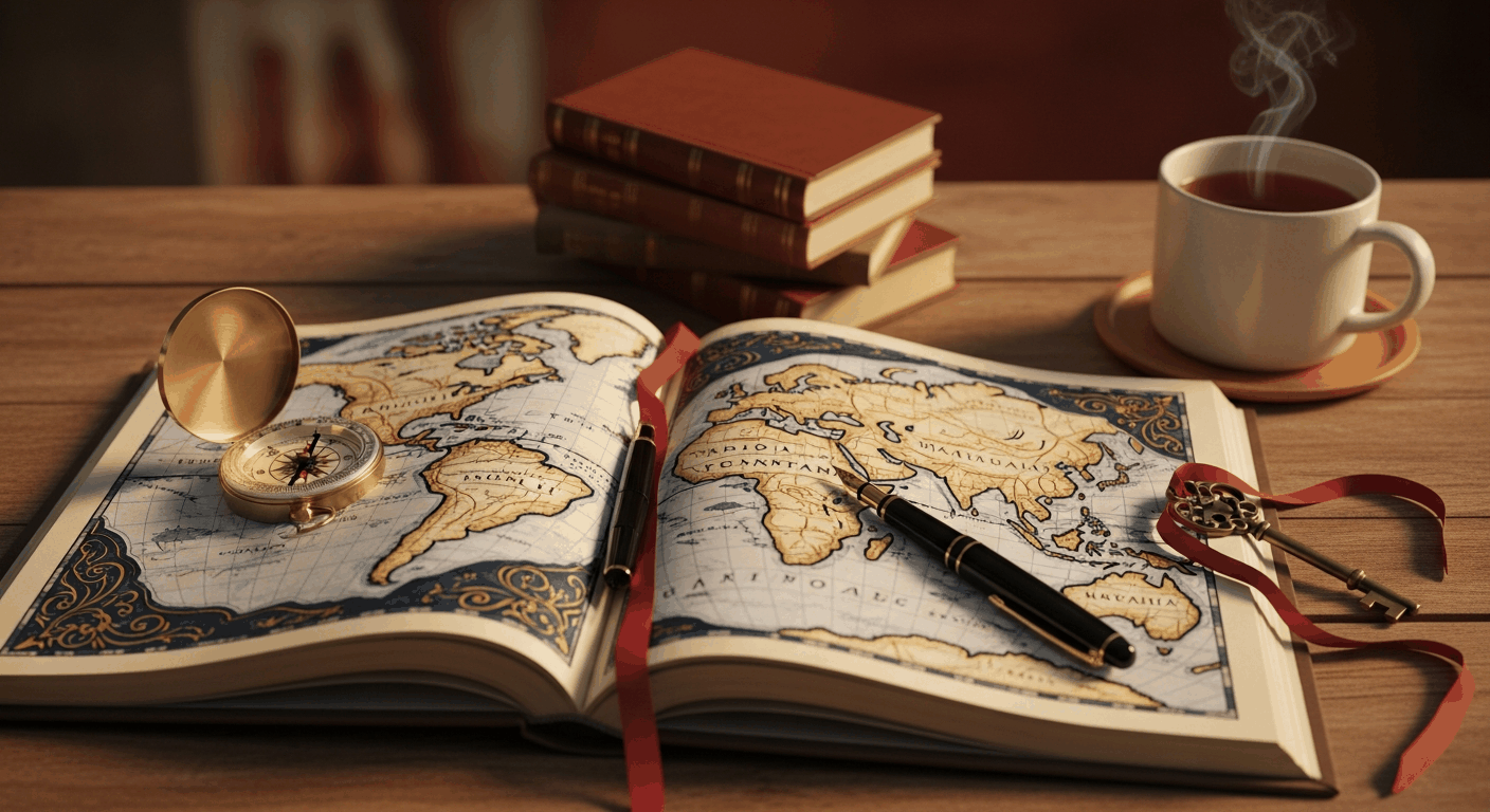 Alter Atlas, Messing-Kompass und Bücherstapel