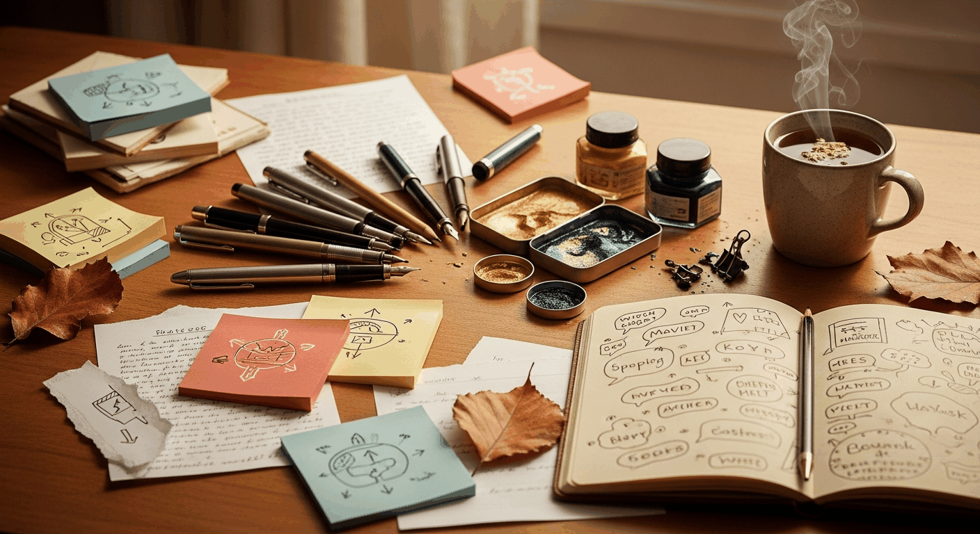 Schreibtisch mit Stiften, Post-its und Skizzenbuch