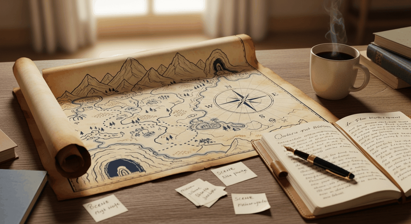 Still-Life mit Plot-Landkarte, Notizbuch und Füllfeder