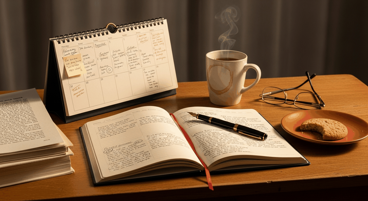 Tischkalender, halbvolles Notizbuch und Teetasse