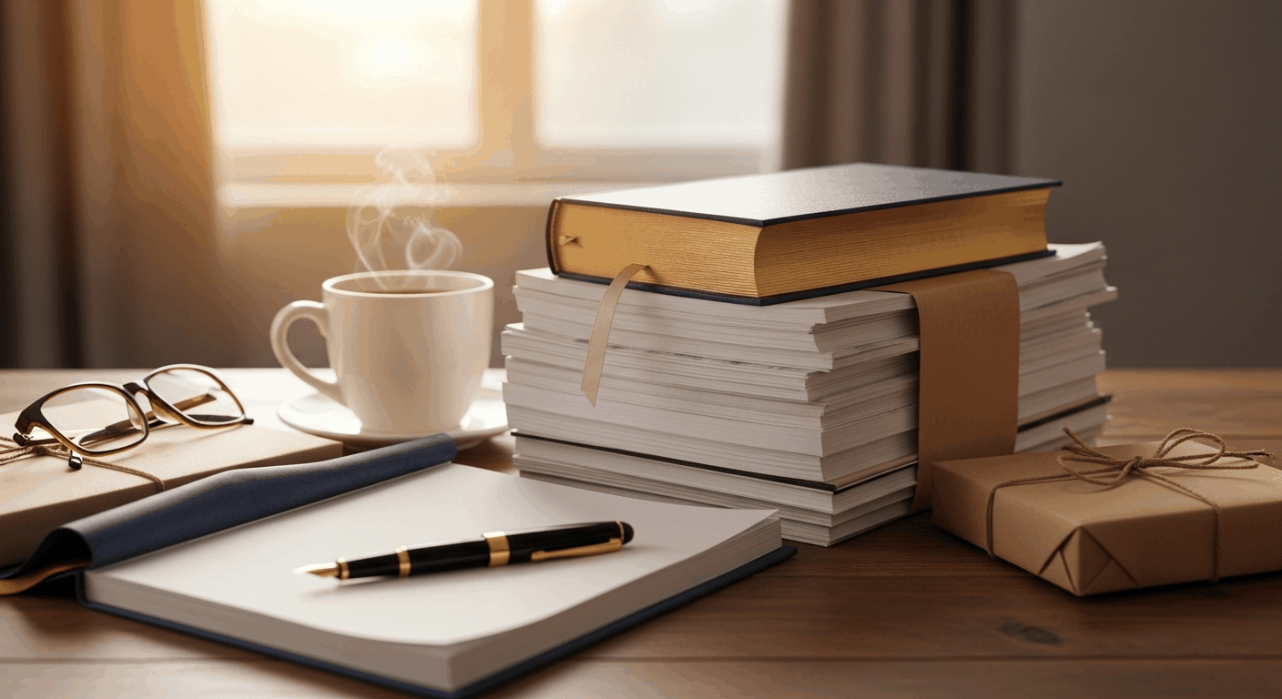 Fertiges Buch auf Manuskript-Stapel mit Versandpaket