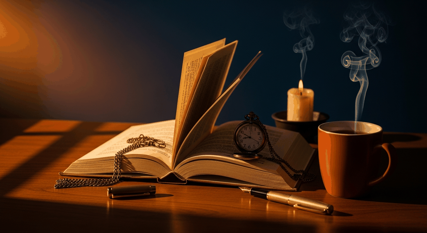 Offenes Buch mit umblätternder Seite, Kerze und Taschenuhr