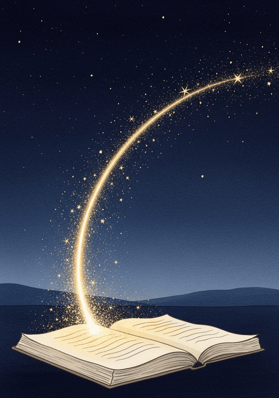 Aufgeschlagenes Manuskript, aus dem ein goldener Bogen in den Sternenhimmel steigt, Symbol für Dramaturgie und Zusammenarbeit