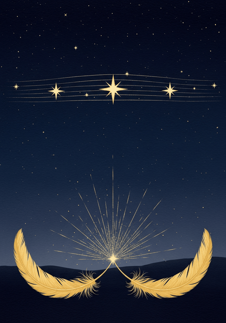 Zwei goldene Federn treffen sich in der Bildmitte, darüber drei Takt-Sterne auf einer Notenlinie, Symbol für die 3TaktMethode und die Begleitung auf Augenhöhe