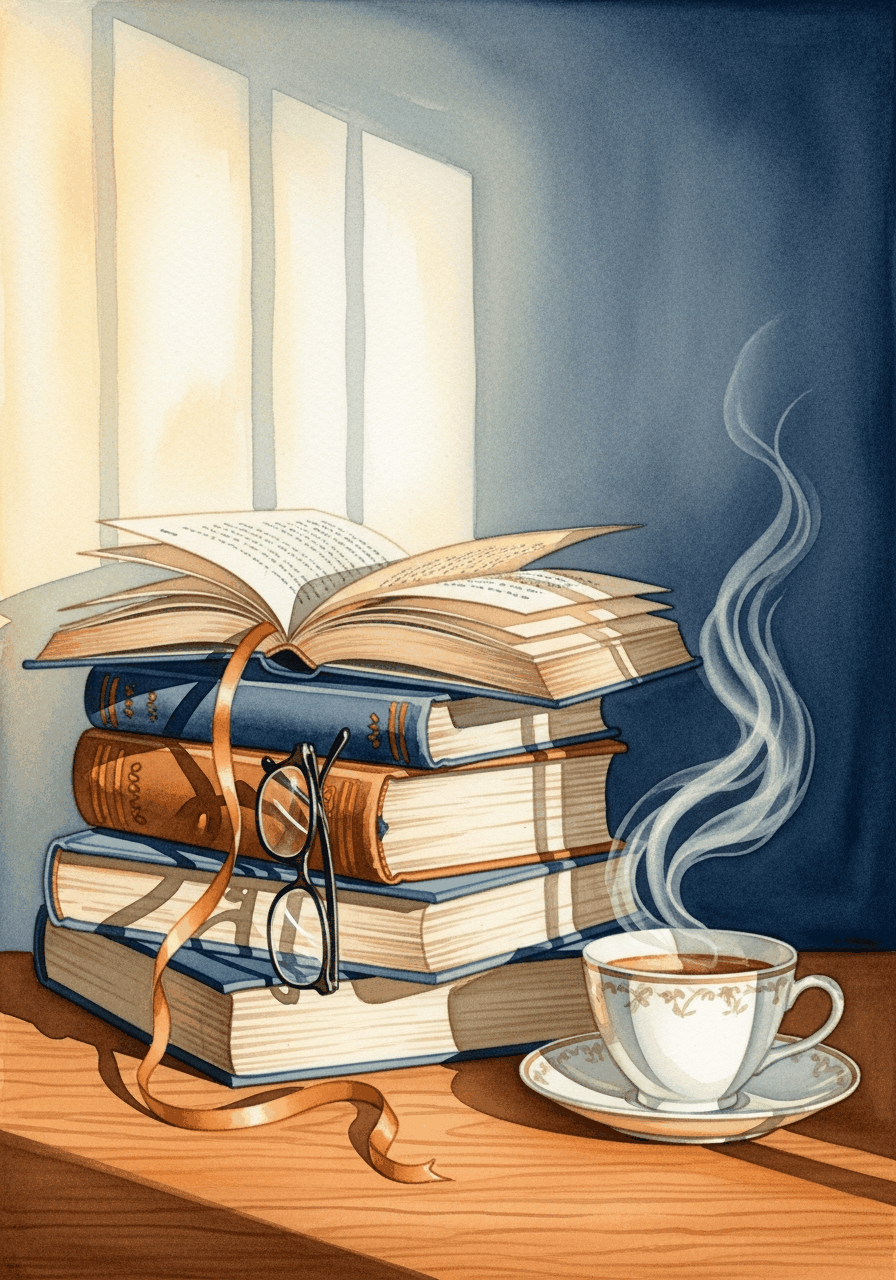 Stapel gut gelesener Bücher mit offenem Buch, Lesebrille und dampfender Teetasse im warmen Abendlicht, Aquarell-Illustration