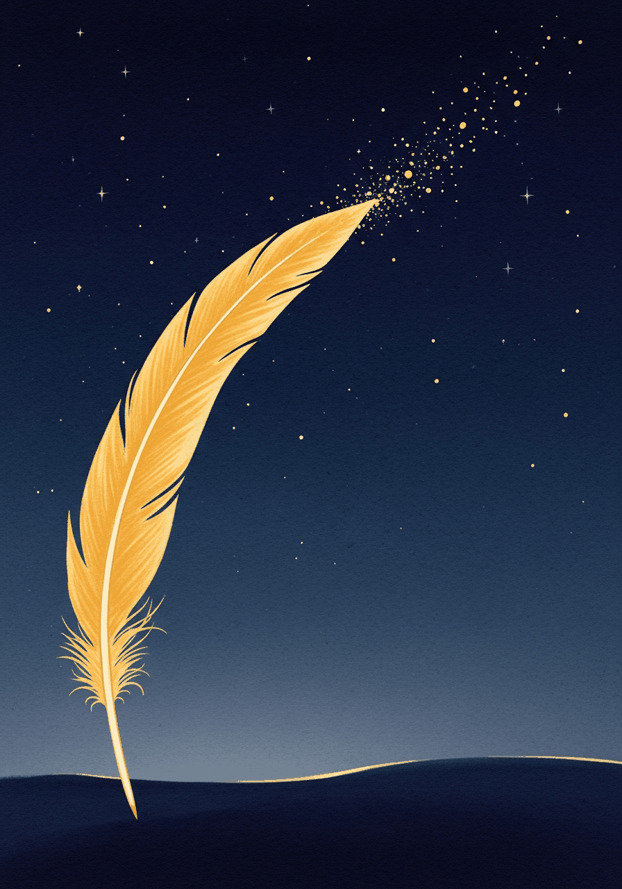 Goldene Feder in nachtblauem Sternenhimmel, Symbol für Schreiben als Reise