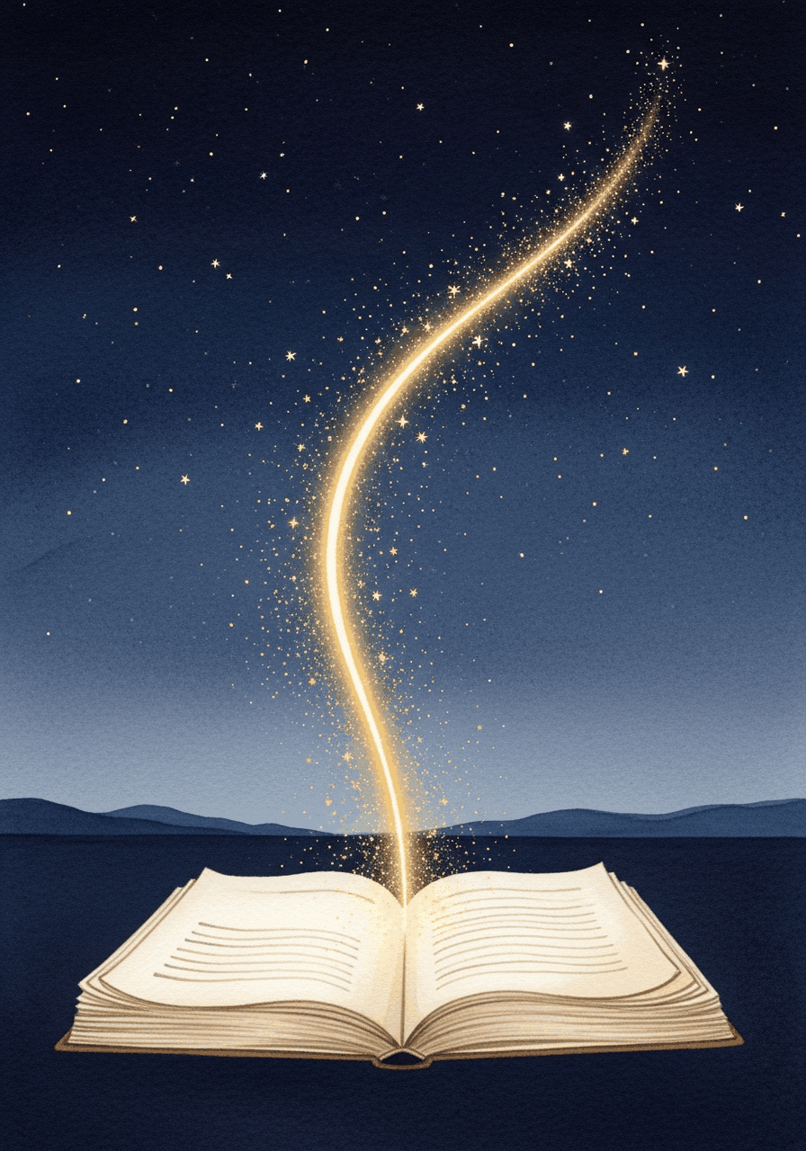 Aufgeschlagenes Manuskript, aus dem ein goldener Lichtstrom aufsteigt, das Buch atmet