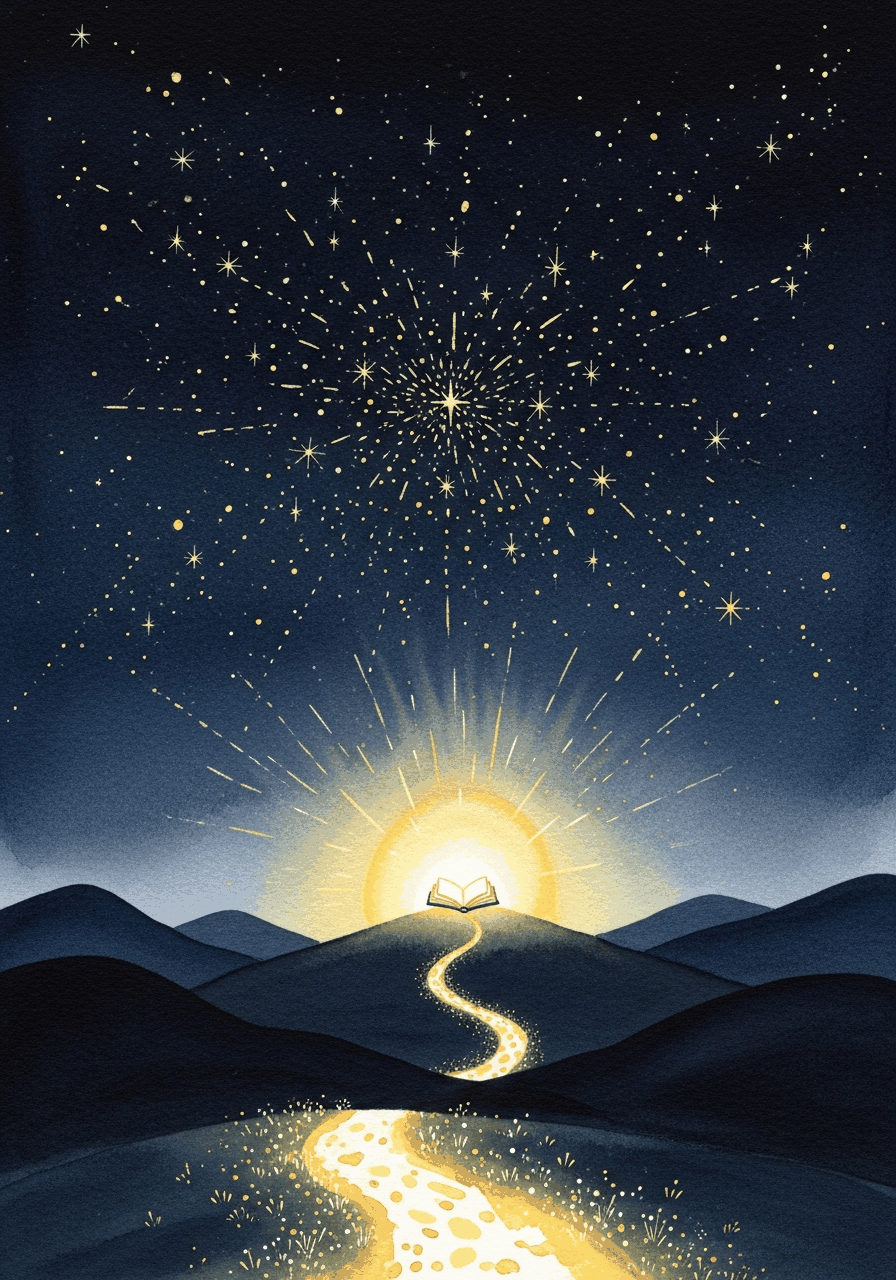 Ein goldener Pfad schlängelt sich durch dunkle Hügel hinauf zu einem leuchtenden, aufgeschlagenen Buch am Gipfel, Sternenhimmel darüber. Symbol für den Weg zum fertigen ersten Roman.